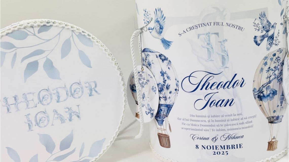 Trusou botez baietel Hot Air Balloon Blue Toile cu baloane de aer cald design elegant 30